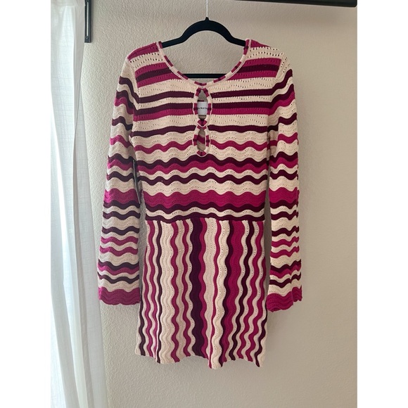 NWT Anthropologie The Wolf Gang Zig Zag Crochet 70s Boho Lucid Knit Mini Dress - Picture 3 of 6